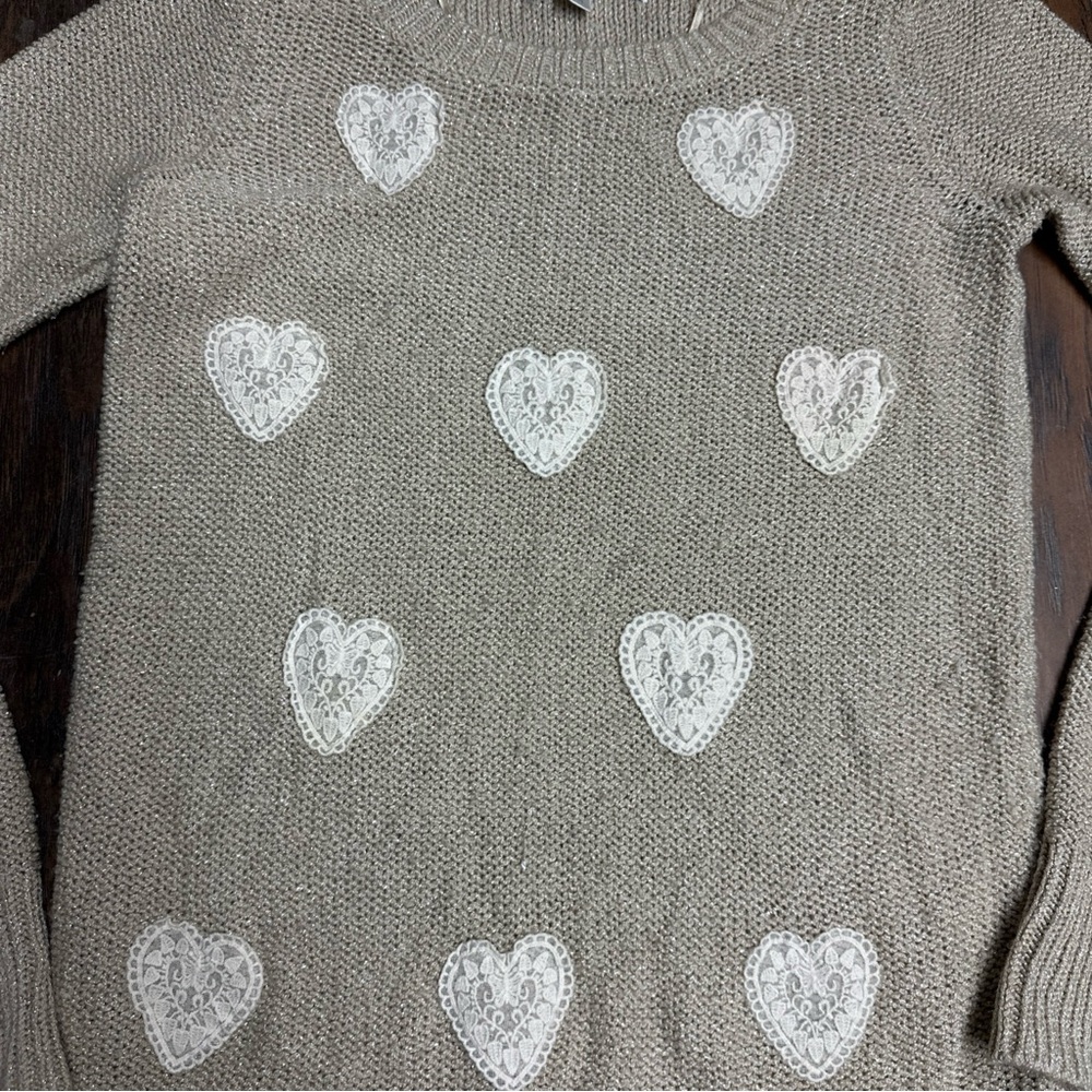 LC Lauren Conrad M Beige Grey Lace Heart Accent Girlhood Tunic Sweater <<<288>>> - Picture 5 of 9